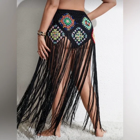 NWT SHEIN Curve Fringe Crochet Festival Skirt - Swimsuit Beach Coverup - Size 2X - Picture 3 of 7